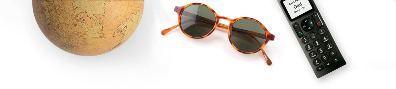 Globe, sunglasses, home phone